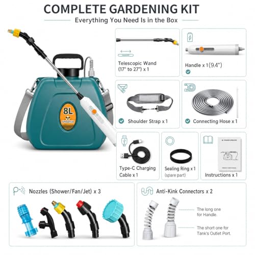 2 Gallon Battery Powered Sprayer, Electric Pump for Weed Killing & Fertilizing, 5 Nozzles, 2500mAh Rechargeable Garden Sprayer with Retractable Wand, Waterproof Handle for Lawn Care