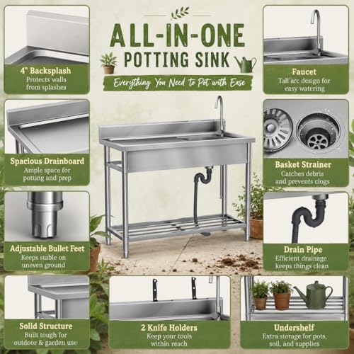 Potting Bench for Outdoor Garden, 47 Inch Stainless Steel Potting Table - size: 47 Inch