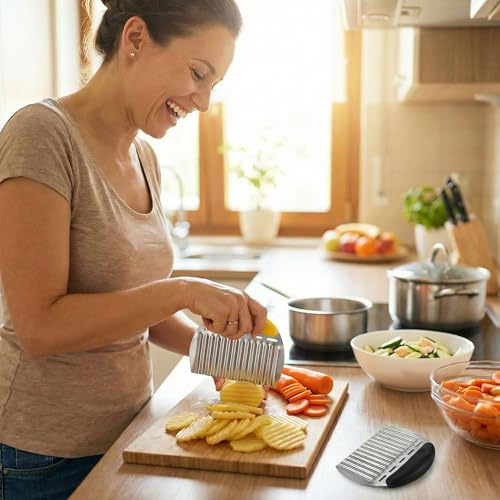 Crinkle Cutter French Fry Cutter, 2 Pack Stainless Steel Wavy Potato Slicer - color: Black & Yellow
