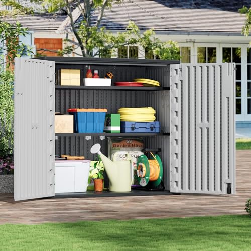 HOMSPARK Outdoor Storage Shed 37 Cu.Ft, All-Weather Resistant Resin Garden Sheds & Outdoor Storage Clearance with Floor, Double-Layer Plastic Tool Sheds for Patio, Garden & Lawn (Light Gray) - color: light gray, size: 37 Cu.ft