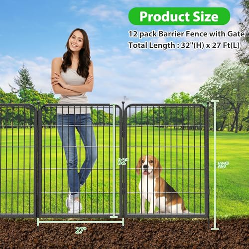 Decorative Black Metal Garden Fence, 27ft(L) 32in(H) 12 Fence Panels No Dig Fence Rustproof Animal Barrier Garden Fencing Temporary Fencing Dog Fence Outdoor - size: 27ft-32"H(11 Panels+1 Gate)