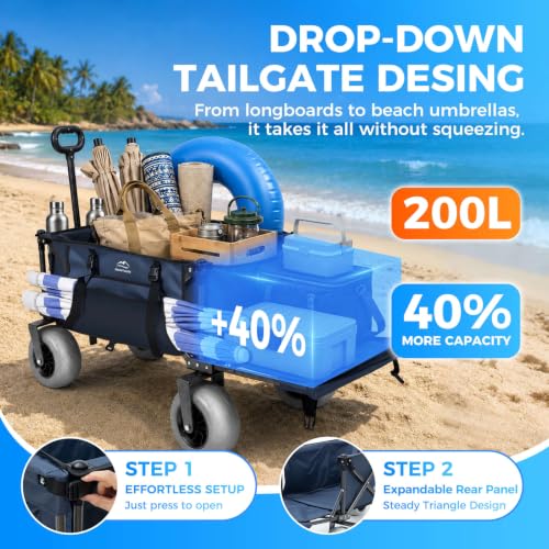 Beach Wagon with Extended Tailgate, 9" Big Sand-Proof Balloon Wheels, Heavy Duty 200L Oversized Foldable Beach Cart, 440LBS Utility Wagon with Side Pocket for Sand,Camping,Vacation - color: Blue