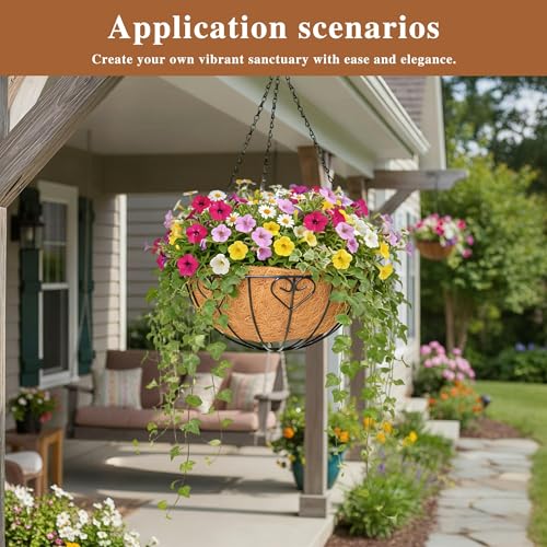 4 Pack Hanging Planter for Outdoor Plants 14 inch Metal Hanging Flower Basket with Coco Coir Liner Round Wire Plant Holder Chain Flower Pots Outdoor Garden Decoration Watering Hanging Baskets(AX) - size: 14" x 4 Pack, style: Heart-shaped