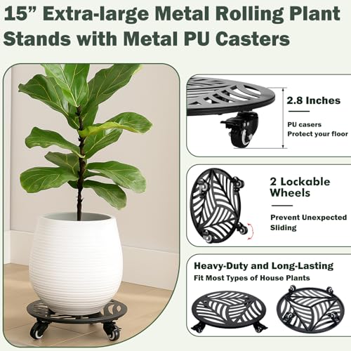 1 Pack 15 inches Extra-Large Metal Plant Caddy with Wheels Heavy-Duty Iron Rolling Plant Stand with Casters Indoor Outdoor Wheeled Plant Roller Base Pot Movers Plant Dolly Coaster Trolley Black - size: 15"