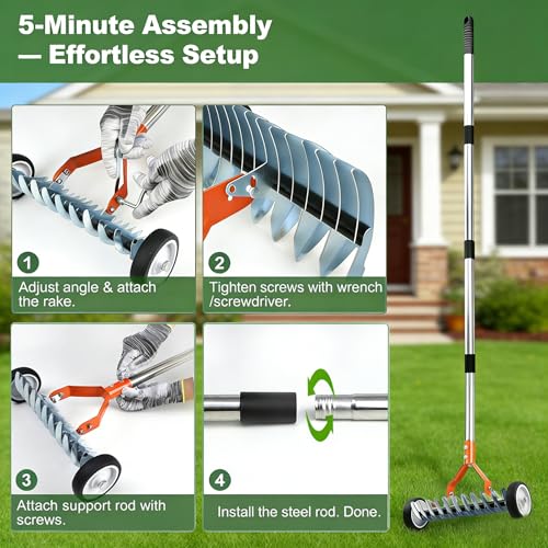 Adjustable Thatch Rake with Wheels - 38"-65" Handle, 21 & 11 Dual-Sided Steel Tines, Heavy-Duty Lawn Dethatching Rake for Cool & Warm Season Grass, Landscape and Lawn Care
