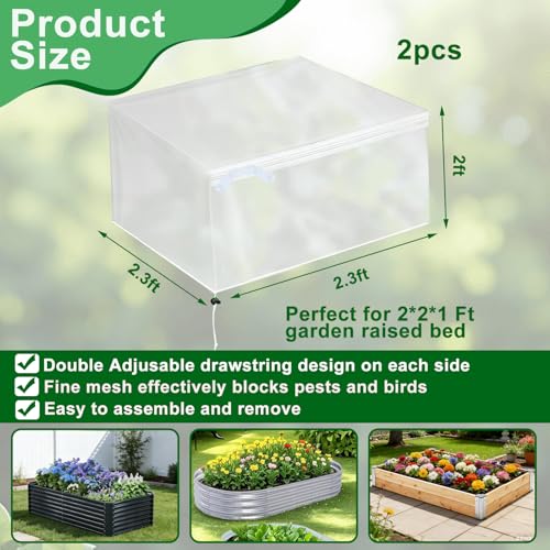 2 Pack Garden Netting for Raised Beds, Fine Mesh Bird Netting Barrier Screen with Zipper Drawstring Garden Bed Plant Cover for Protect Vegetable Fruits Crop from Animals Pest Insect, 2.3×2.3×2Ft - size: 2.3×2.3×2Ft-2 pcs