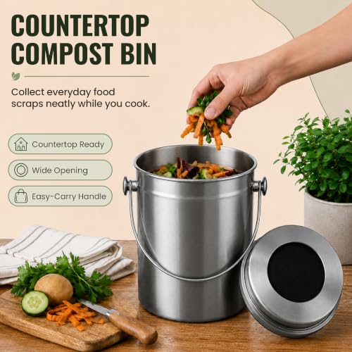 Epica Kitchen Compost Bin for Kitchen Countertops, 1.3 Galllon - Grey - color: Gray