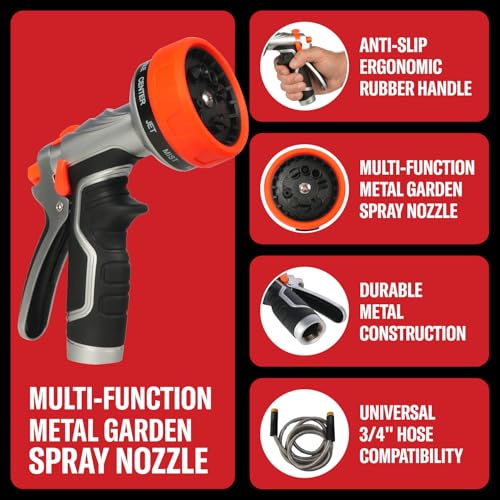 Heavy-Duty Metal Garden Hose Nozzle Sprayer- 316 Stainless Steel - High-Pressure 120 PSI - Multi-Function Spray with Ergonomic Handle - 10 Way