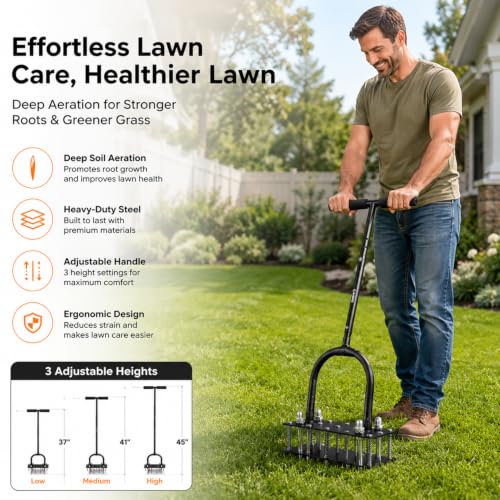 Lawn Aerator - 15 Iron Spikes Adjustable Height, Double-Layer Spring, Automatic Dirt and Leaf Clean Design, for Loosening Soil Aerating Patio, Yard, Garden (Black)
