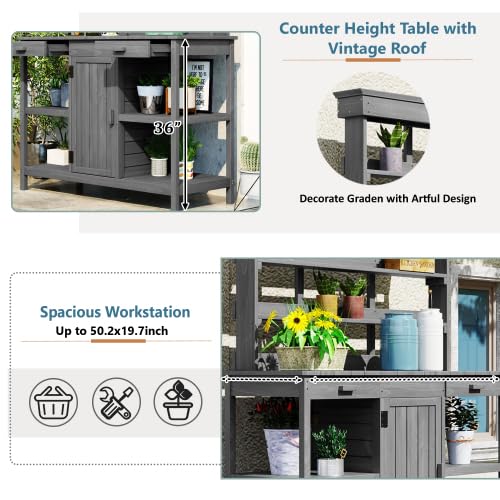 66" Large Outdoor Farmhouse Wooden Potting Bench Table, Garden Workstation with 2 Drawers, Cabinet & Open Shelves for Backyard, Mudroom, Patio (Gray) - color: Gray