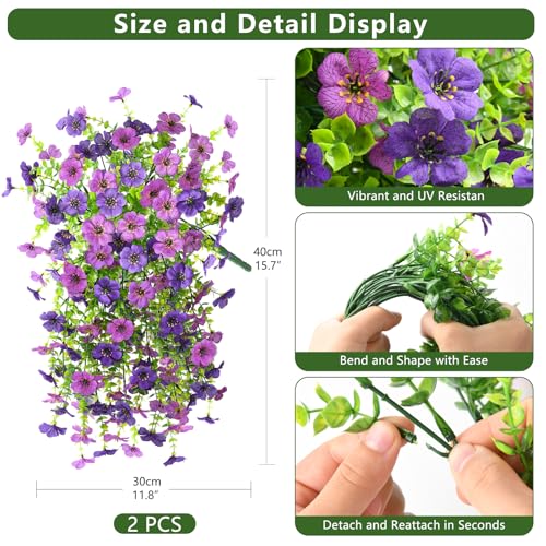 Artificial Fake Flowers Plants for Outdoor UV Resistant Summer Decoration - color: Double Purple