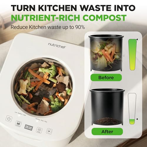 NutriChef 4 Quart Electric Kitchen Composter | Smart Countertop Composter Includes 2 Odorless Carbon Filters | Electric Compost Bin for Indoor Use | 3 Volume Based Modes Small, Medium & Large | White - color: White