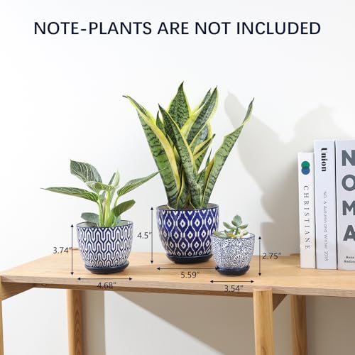 Selamica Ceramic Plant Pots, Indoor Flower Pots for Indoor Plants, 3.5+4.6+5.5 Planters with Drainage Hole & Saucer, Set of 3, Home Decor, Vintage Blue - color: Vintage Blue, size: 3.5+4.6+5.5 Inch