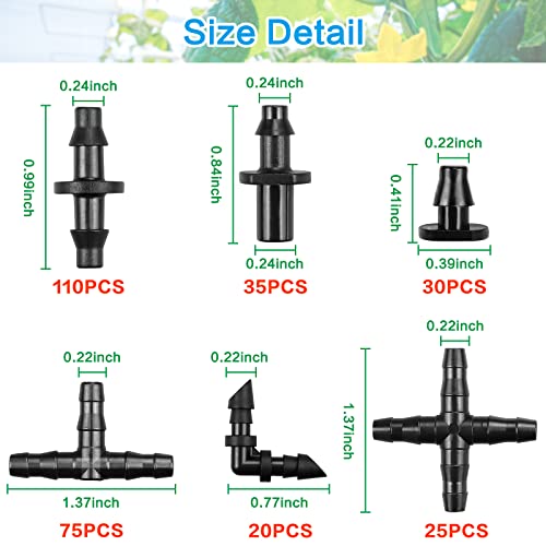 295 Pcs Drip Irrigation Fittings Kit for 1/4" Tubing - 110 Straight Barbs,35 Single Barbs,75 Tees,20 Elbows,30 End Plug,25 4-Way Coupling - Barbed Connectors Fittings for Sprinkler Systems - color: 295P SET