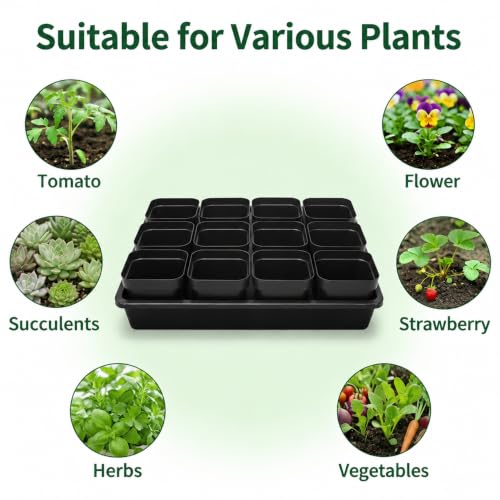 5 Pack Plastic Seed Starter Tray with 60pcs 3.5 inch Nursery Pots - size: Thick Trays+Square Pots-5P
