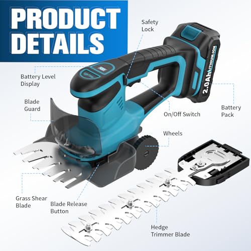 FULLYEA Hedge Trimmer Cordless, 2-in-1 Handheld Grass Shear Battery Powered