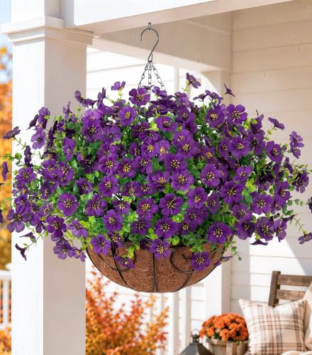 HyeFlora Artificial Fake Hanging Plants Flowers with Basket Outdoor Decor Faux Silk Dasiy Flower Arrangements in Pot Planter for Porch Home Indoor Patio Garden Yard Decoration - color: Darkpurple