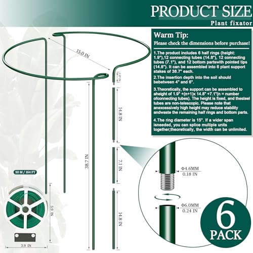 6-Pack 38.7” Plant Support Stakes, Steel Plant Cage & Peony Tomato Hydrangea Cage, Garden Stakes for Outdoor Plants, Heavy-Duty Plant Stakes, 16.7” Support + 22” Extension Tubes - size: 40in