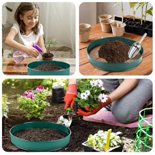 Soil Sifter for Gardening, 12" Green Soil Sifter Potting Sieve with Shovel and 4 Fine Screens for Sand Dirt, Sand, Rock, Filtration, Compost and Bonsai (5 IN1)