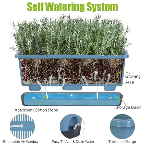 Window Box Planter 4 Packs, 17 Inches Rectangle Flower Pots with Drainage Holes & Trays, Pots for Vegetables, Herbs, Flowers, Garden Windowsill Balcony (Blue, 17 * 5.1 * 6 inch) - color: Blue