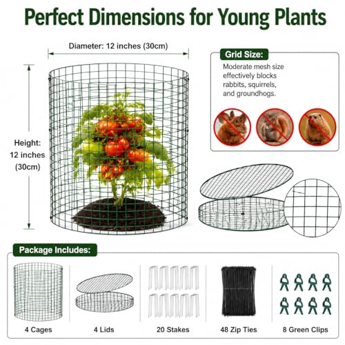 Plant Protectors from Animals 12 x 12 in Metal Chicken Wire Cloche Plant Cages for Outdoor Plants, Garden Fencing Animal Barrier with Detachable Dome Lid, Stakes & Zip Ties (4 Pcs) - color: 4 Pcs