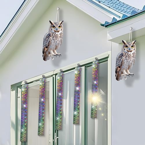 4PCS Garden Owl to Scare Pigeons Away from Porch, Flat Fake Owl to Keep Pigeon Away from Balcony, Hanging Plastic Owl, Woodpecker Scare Devices with Reflective Tape for Tree Patio Window Roof - color: Grey (2) - 4PCS