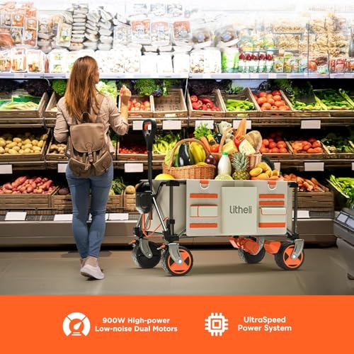 Litheli Electric Utility Wagon Cart, 150L Capacity, 450 lbs Load, Foldable Heavy-Duty Design with All-Terrain Wheels, Variable Speed Drive & Battery Power for Camping, Beach, Garden & Shopping - color: Cream Beige