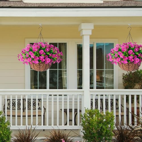 Artificial Fake Hanging Flowers Plants Baskets for Outdoor Fall Decoration, Faux Silk Morning Glory in Planter UV Resistant Realistic for Home Outside Porch Patio Balcony Garden Yard, Fuchsia - color: B Fuchsia