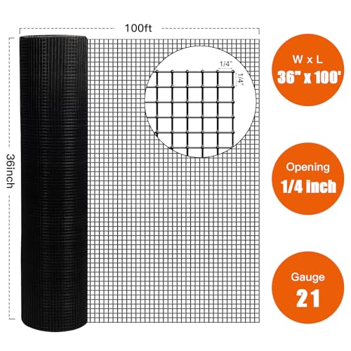 Zevemomo 36" x 100' 1/4inch Hardware Cloth, Black Vinyl Coated Chicken Wire Fence Galvanized Welded Mesh Roll for Home Garden Rabbit Cage - size: 36" x 100' 1/4inch