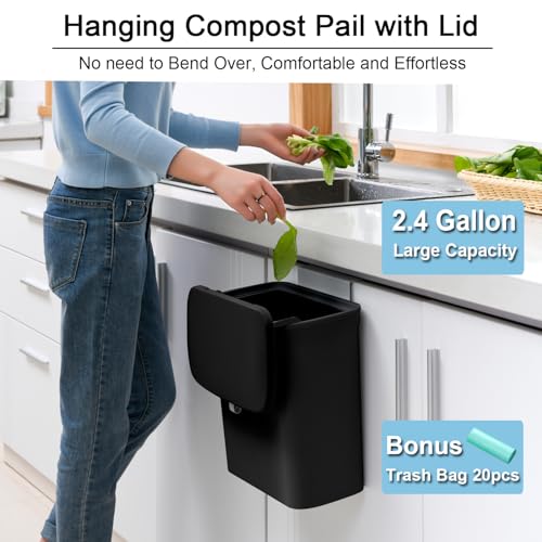 Tiyafuro 2.4 Gallon Kitchen Compost Bin for Counter Top or Under Sink, Hanging Small Trash Can with Lid for Cupboard/Bathroom/Bedroom/Office/Camping, Mountable Indoor Compost Bucket, Black - color: Black
