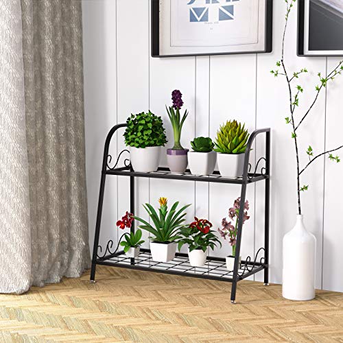 Giantex 2 Tier Metal Plant Stand, Indoor Outdoor Plant Shelf, Flower Rack Display Shelf, Flower Pots Holder with Adjustable Feet for Garden, Balcony, Living Room (2-tier (25'' x 12'' x 24.5'')) - size: 2-tier (25'' x 12'' x 24.5'')