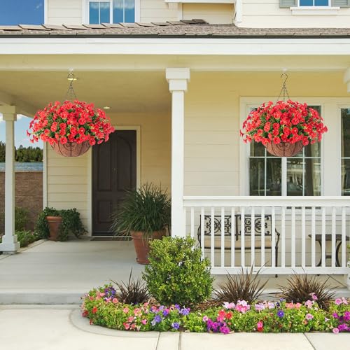 HyeFlora Artificial Fake Hanging Flowers for Outdoors Baskets Fall Decor, Faux Hanging Plants Outside Silk Morning Glory in Planter Look Real UV Resistant for Outdoor Porch Patio Garden Home, Red - color: B Red