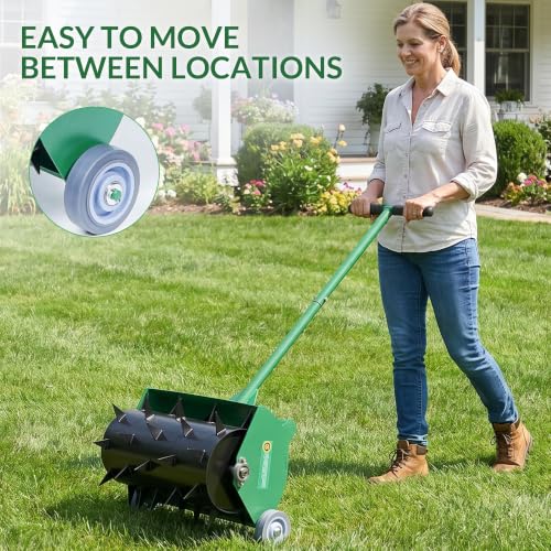 Rolling Lawn Aerator, Heavy Duty Push Spike Aeration Tool Up to 55 lbs, Manual Rotary Grass Aerator for Garden and Yard Use