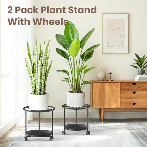TOSKING 2-Pack Black Round Rolling Plant Caddies with Water Tray – Metal Stands with Wheels, Geometric Pattern, for Indoor Planters (13" & 11") - size: Geo 13"&11"