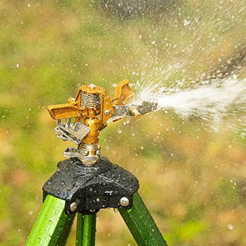 Hourleey Impact Sprinkler on Tripod Base, Heavy Duty Brass Sprinklers for Yard Lawn Garden, 0-360 Degree Large Area Coverage, 3/4 Inch Connector Extension Legs Flip Locks with Brass Sprinkler Head - size: 1 Pack