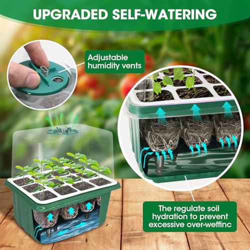 5PCS 60 Cell Self Watering Seed Starter Tray with Grow Light, Reusable Silicone Seed Starter Kit with Humidity Dome, 60 Cells Plant Germination Trays for Seeding Planting Growing(5-Pack 60-Cell)