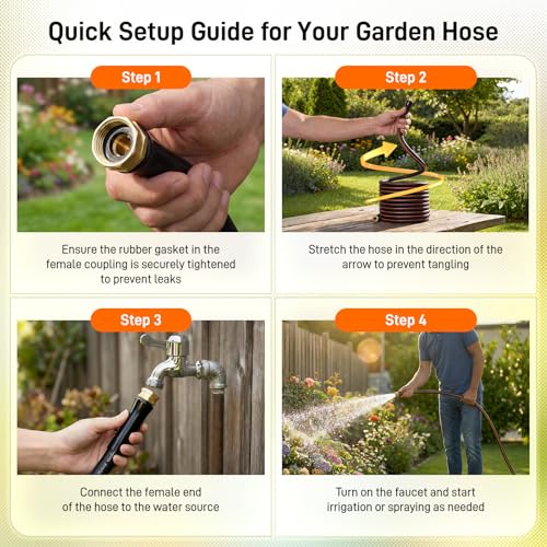 GOCHIFIX Garden Hose, 25ft 5/8" Heavy Duty Rubber Water Hose, 550 PSI Burst, 360° Anti-Kink Swivel Connectors, All-Weather Flexible, Leakproof 3/4" Brass Male to Female Fittings - size: 25ft