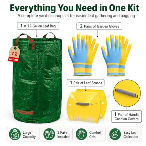 Leaf Scoops Hand Rakes, Leaf Claws & Leaf Grabbers for Yard Work with 72-Gallon Reusable Leaf Bag, 2 Pairs Adult Garden Gloves & Soft Handle Covers, Yard Cleanup Kit for Leaves - style: Leaf Scoops Kit with Bag & Gloves