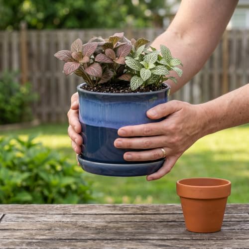5.8 Inch Ceramic Plant Pot with Bonded Saucer & Drainage Hole, Modern Blue Flower Planter for Indoor Outdoor Houseplants, Succulents, Home Office Decor - color: Blue, size: Small