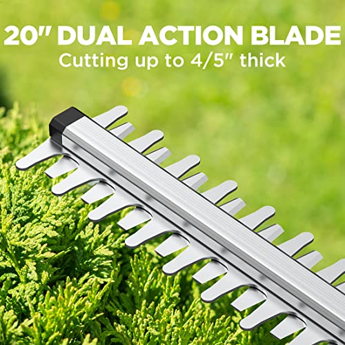 Litheli 20V Cordless Hedge Trimmer, 20" Dual-Action (0.8" Cut), 5.6 lbs Lightweight Bush & Shrub Trimmer, 180° D-Handle, High Carbon Steel Blade, 2.0Ah Battery & Cable Incl. for Yard & Garden - color: White
