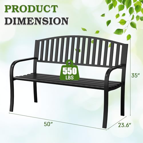 50" Outdoor Garden Bench, Iron Metal Frame Patio Bench with Backrest and Armrests, Weatherproof Anti-Rust Outdoor Bench for Front Porch, Park, Yard, Patio (402-32BK) - size: 50" - 402-32BK