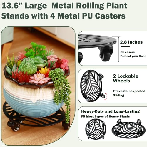 1 Pack Large Metal Plant Caddy with Wheels 13.5 Inches Heavy-Duty Iron Rolling Plant Stand with Casters Indoor Outdoor Plant Roller Base Planter Movers Garden Dolly Coaster Trolley Black - size: 13.6"
