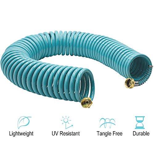 AUTOMAN Recoil Garden Water Hose 50 ft, EVA Curly Water Hose with Brass Connectors,Garden Hose Coil,Includes 7-Pattern Function Sprayer,Retractable,Corrosion Resistant Garden Coil Hose. - color: Turquoise, size: 50 ft