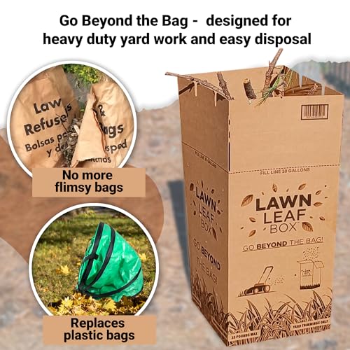 Lawn Leaf Box-Replaces Paper Bags. Heavy Duty Waste Container Weather Puncture Resistant Reusable 30 Gallon Takes Sticks No Rips Folds Flat Built In Lid-Ventilation Slots-American Made Patented