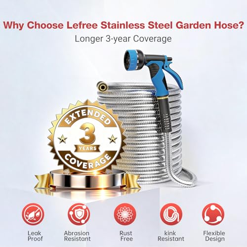 Lefree 50ft Metal Garden Hose with Upgraded Leak‑Proof Rubber Sleeve - color: Silver, size: 50FT