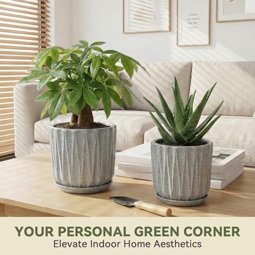 10 Inch Ceramic Planter Pot with Saucer Drainage Leak-Proof Mesh,Flower Pots for Indoor Plants with Gardening Gloves,Ceramic Planter(Stone Grey) - color: Stone Grey, size: 10 Inch