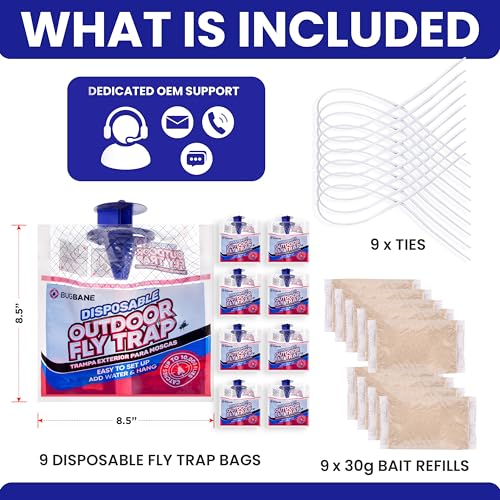 Fly Traps Outdoor Fly Trap for Patio. 9 Non-Toxic Pre-Baited Flies Bags Outdoor Disposable. Hanging Bug Catchers for All Filth Flies Killer for Outside Bug Control in Yard Horse Ranch Trash Can. - size: 9pk