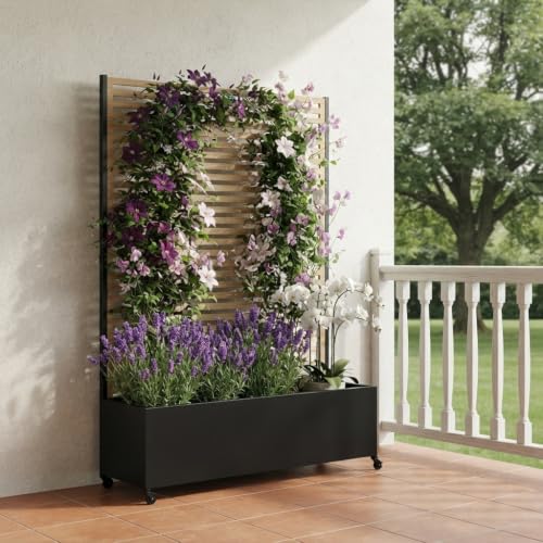 Metal Planter Box with Trellis Privacy Screen, Raised Garden Bed with Trellis & Wheels, Privacy Planters for Patio, Planter Box with Drainage Holes for Climbing Plants, Flower, 73"x 47"x 16", Wood - color: Wood Grain, size: 73"x 47"x 16"