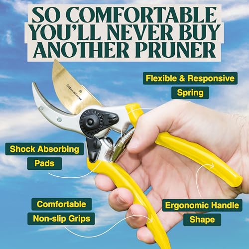 Haus & Garten ClassicPRO 8.5" Premium Titanium Bypass Garden Shears - Use as Pruners, Pruning Shears for Gardening, Hand Pruners, Handheld Garden Clippers Scissors Tool - color: Yellow Non Slip Soft Grips