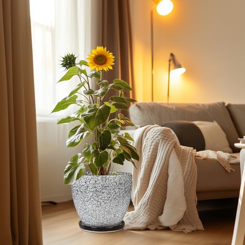 10 Inch Plant Pot - Ceramic Planter for Indoor Outdoor, Round Large Plant Pots, Modern Planter with Drainage Hole and Tray, Home Room Office Garden Decor, Gifts for Women Men, White-Black - color: Black-wood Crack, size: 10 Inch